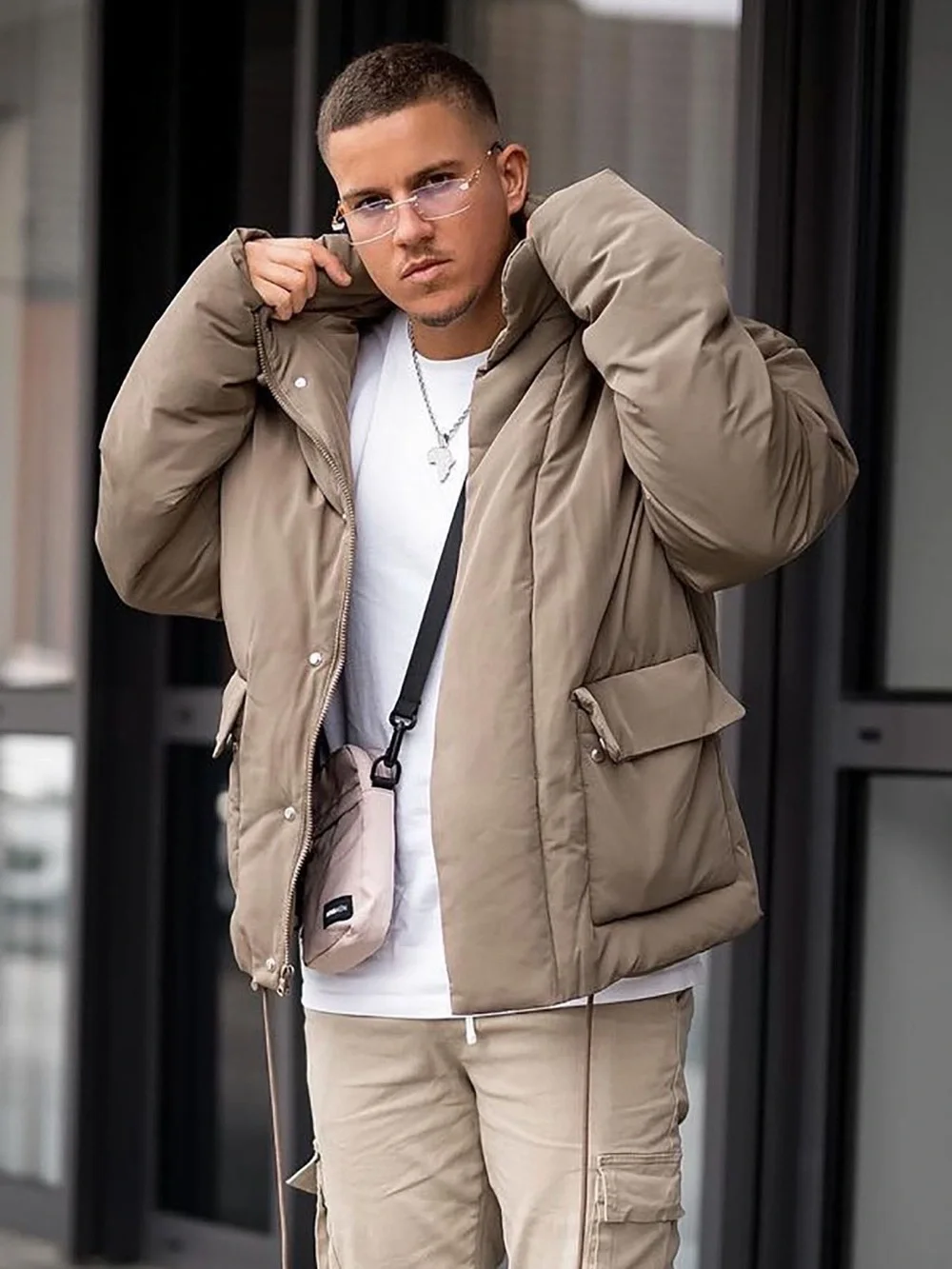 Fashion Nova Men's Taupe Puffer Jacket - Warm Neutral Outerwear